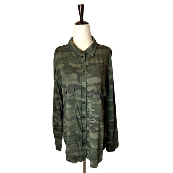Sanctuary Shirt Women Medium Green Camo Collared Boyfriend Snap Button Down - Picture 2 of 13